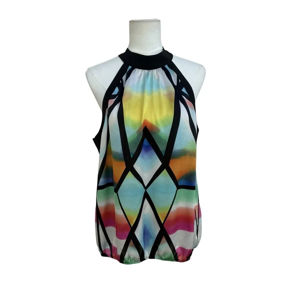 Bisou Bisou XL Colorful Geometric Print Halter Top Sleeveless Mock Neck Blouse